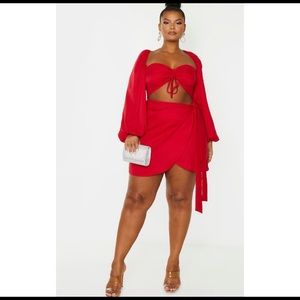 PrettyLittleThing red ruched cut out bodycon dress